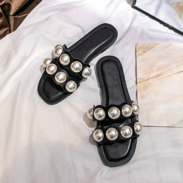 Black Pearl Decorated Flat Slides Moda Studio