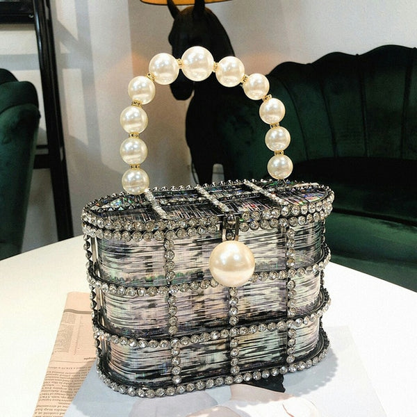 Crystallized Cage Pearl Handle Clutch