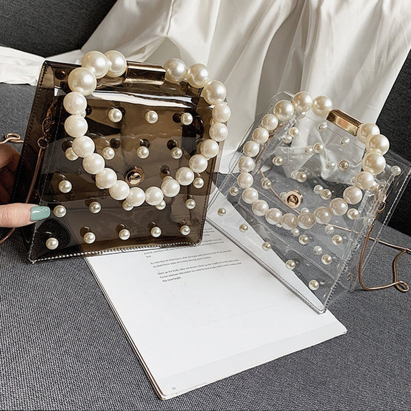 Clear Flap Handbag With Pearl Straps