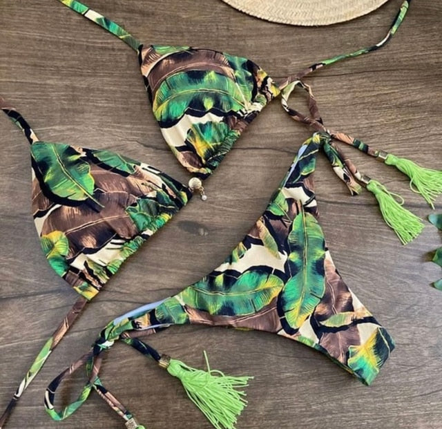 Map Print Tassel Handkerchief Bikini Set