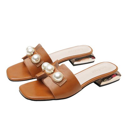 Brown Pearl Decorated Flat Slides